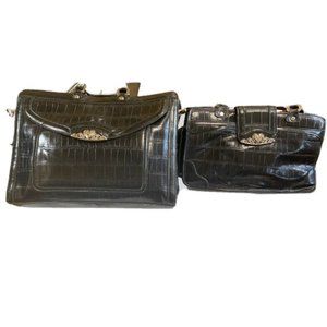 M.C. MARC CHANTAL 2 PIECE Set Black Sliver Faux Leather Briefcase with H…